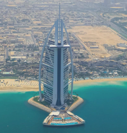 Aerial view of the iconic Burj Al Arab hotel in Dubai.