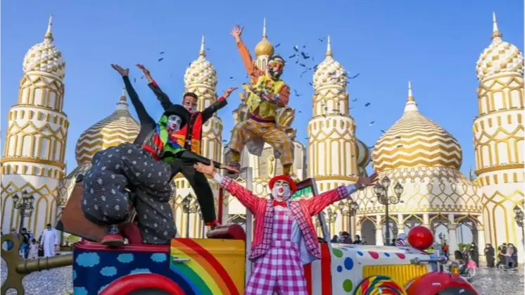 clowns standing outside Dubai Parks and Resorts