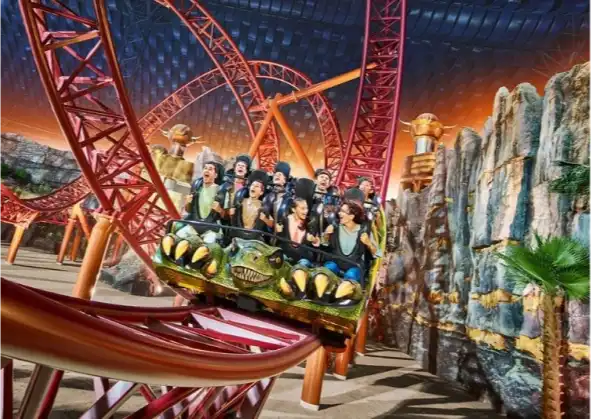 Image of young adults enjoying a ride in a theme park